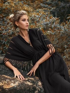 Black Maxi Dress with Fringe Detail - Women